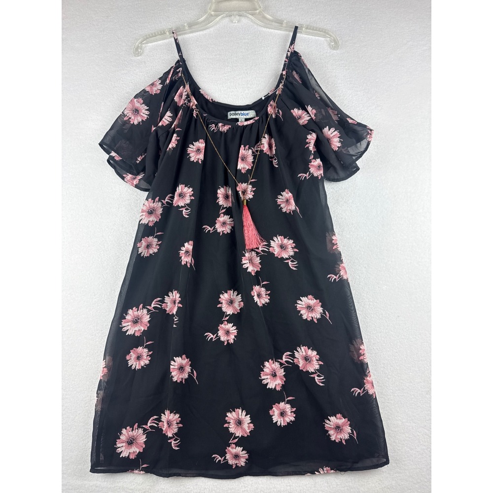 Bailey Blue Women Black Pink Floral Cold Shoulder Tassel Necklace Dress Small